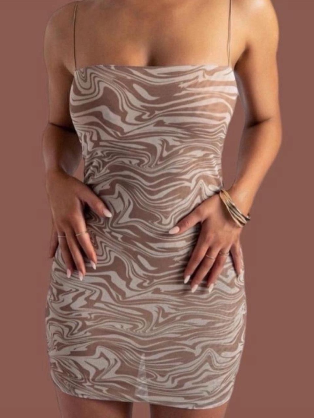 MESHKI Abstract Marble Bodycon Dress in Tan